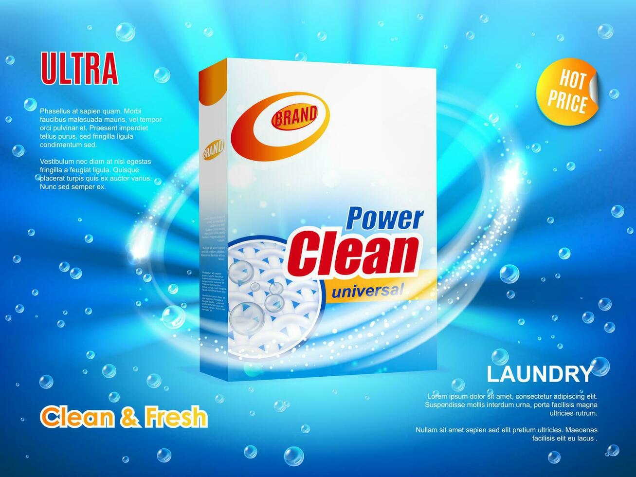 Washing powder packaging, vector ad poster design