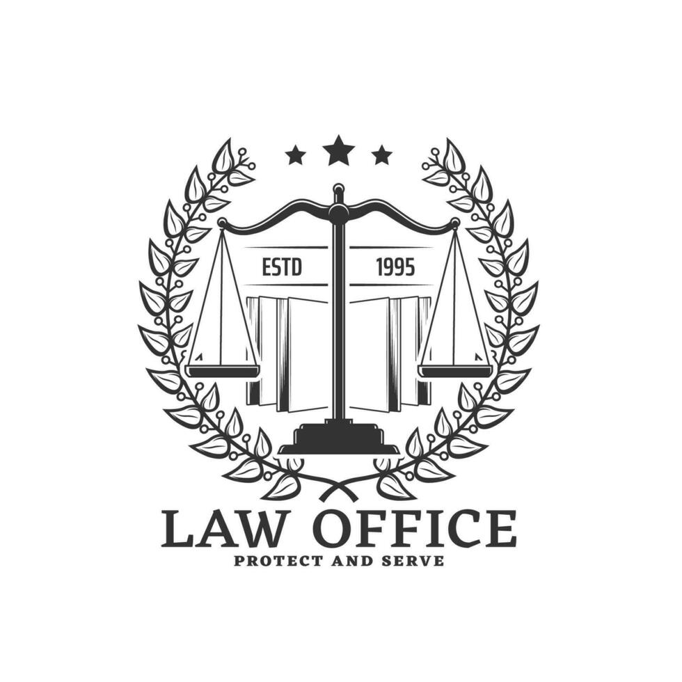 Law office icon with wreath and scales of justice vector