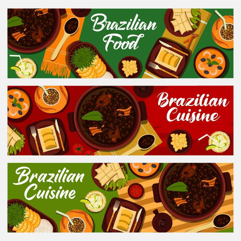 Brazilian food, cuisine cartoon vector banners