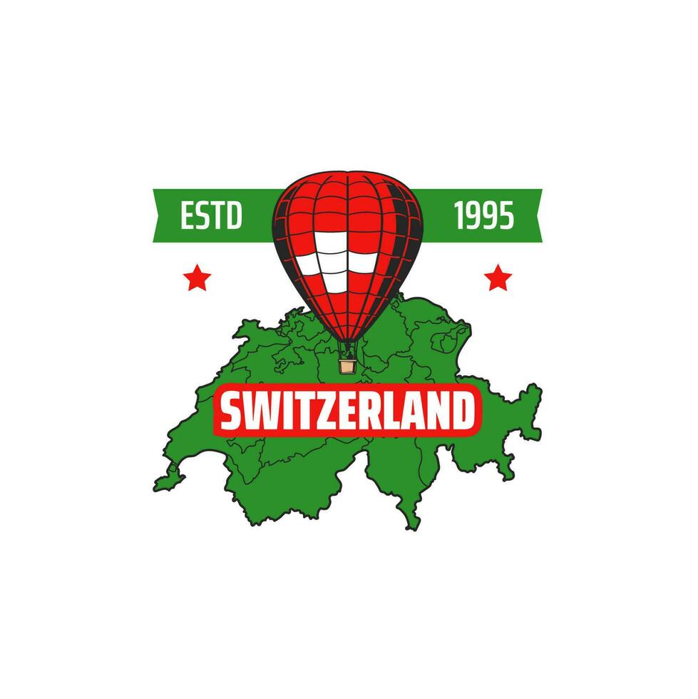 Suiza mapa y caliente aire globo retro icono vector