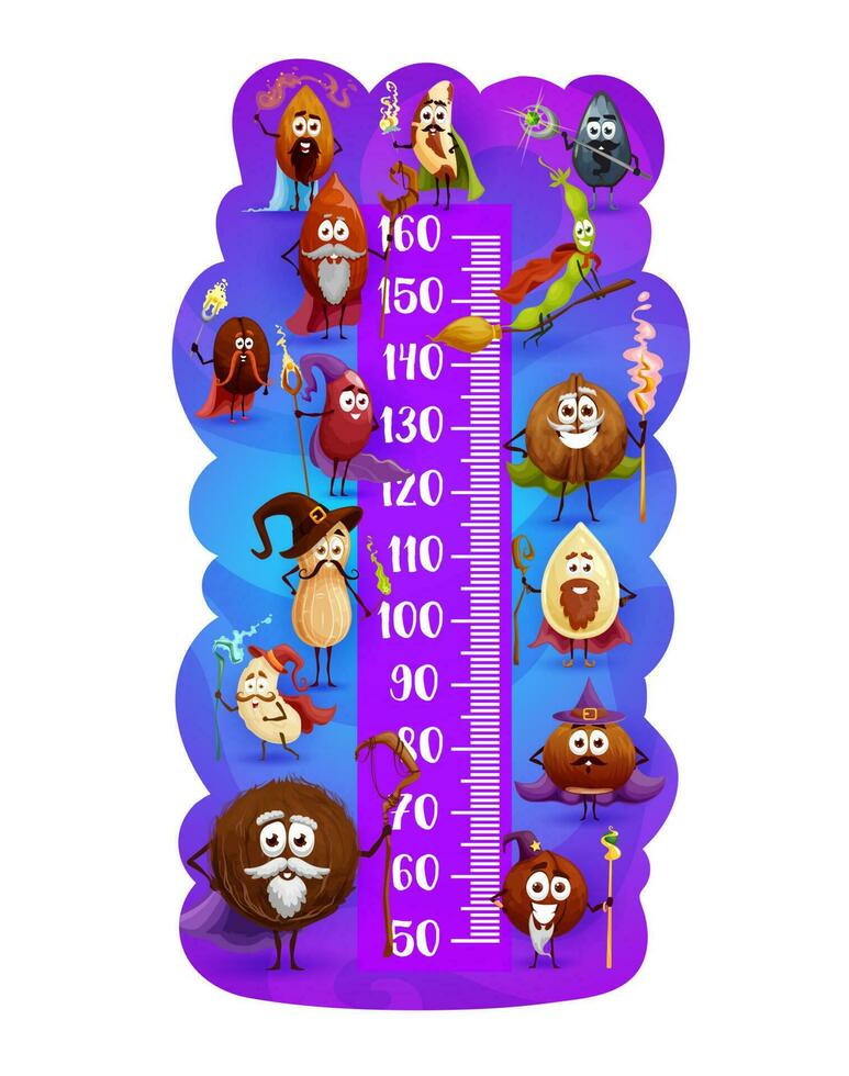 Kids height chart, cartoon magician or wizard nuts vector