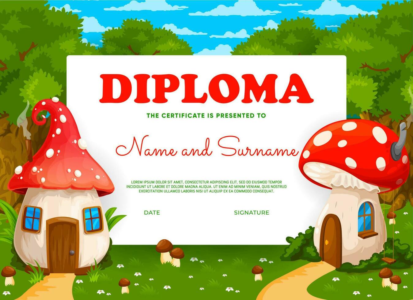 Kids diploma with fairytale cartoon mushroom house vector