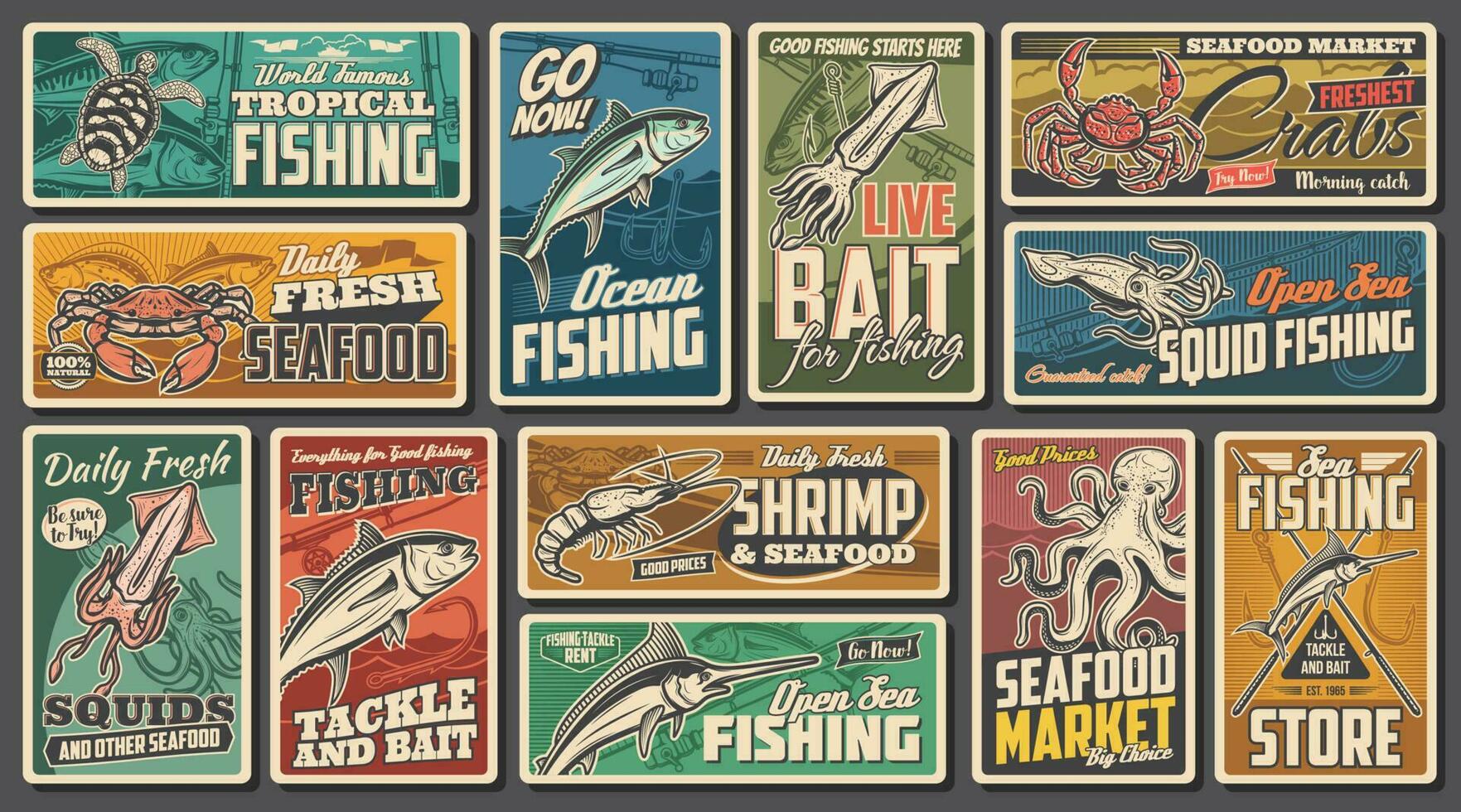 Sea fishing equipment shop, seafood market posters vector