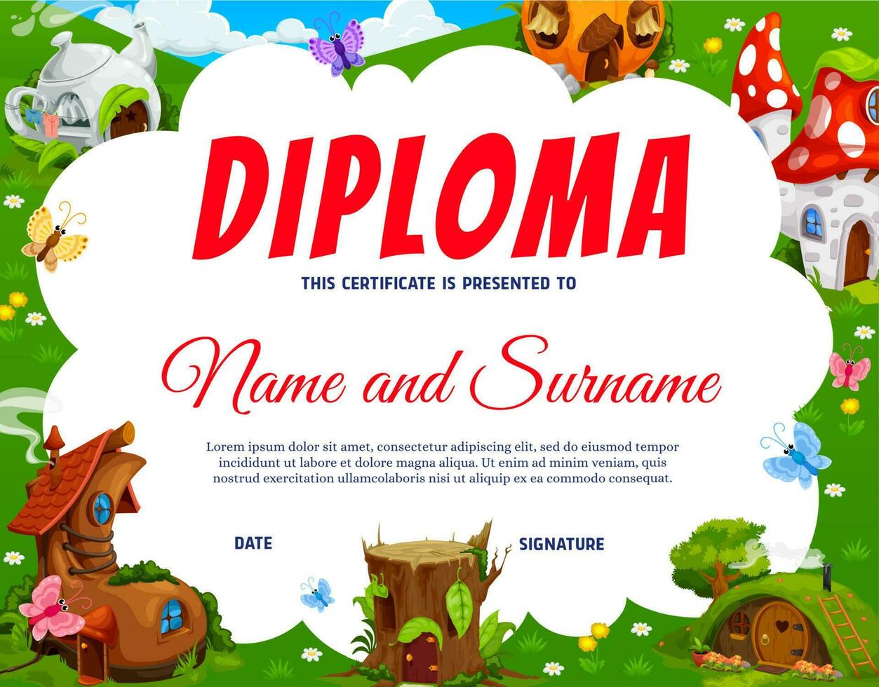 Kids diploma fairy village of gnome and elf houses vector
