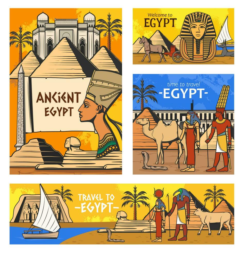 Ancient Egyptian gods and pyramids. Egypt travel vector