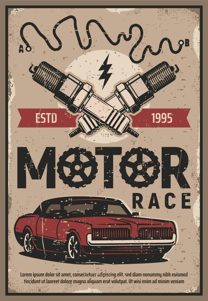 Retro cars races, vintage motors rally poster vector