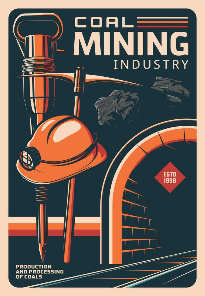 Coal mining and miner tools, vintage retro poster vector