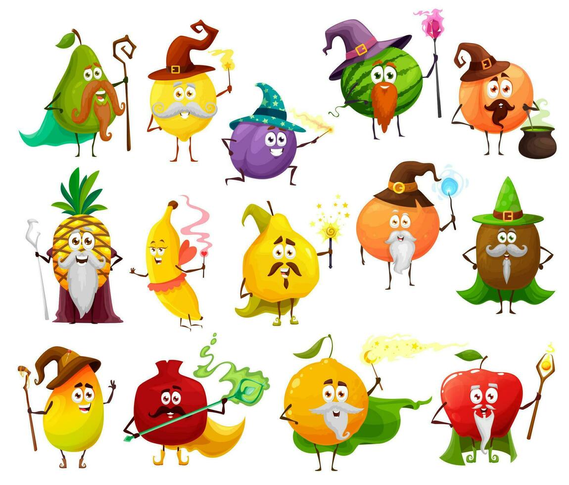 Fruta mago, bruja, mago dibujos animados caracteres vector