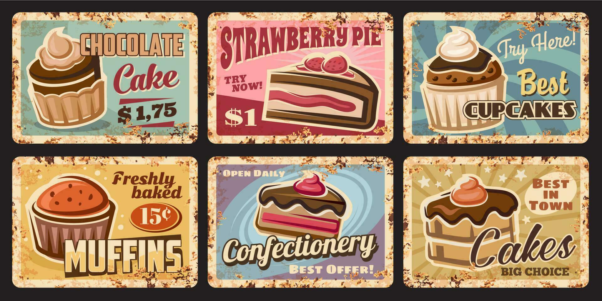 Pastry shop cupcakes, muffins and cakes tin signs vector