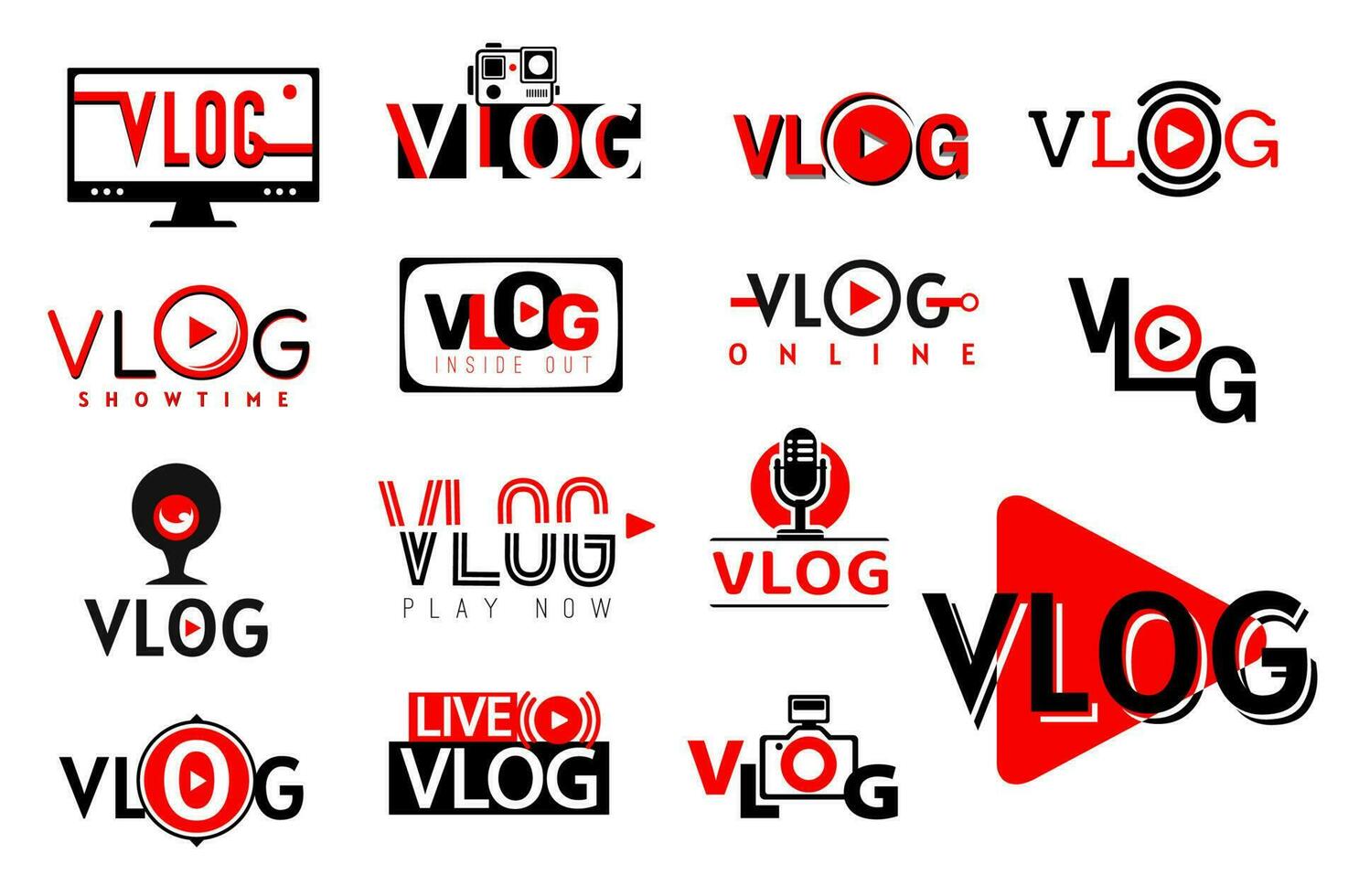 Vlog video icons, tv blog play button, live stream vector