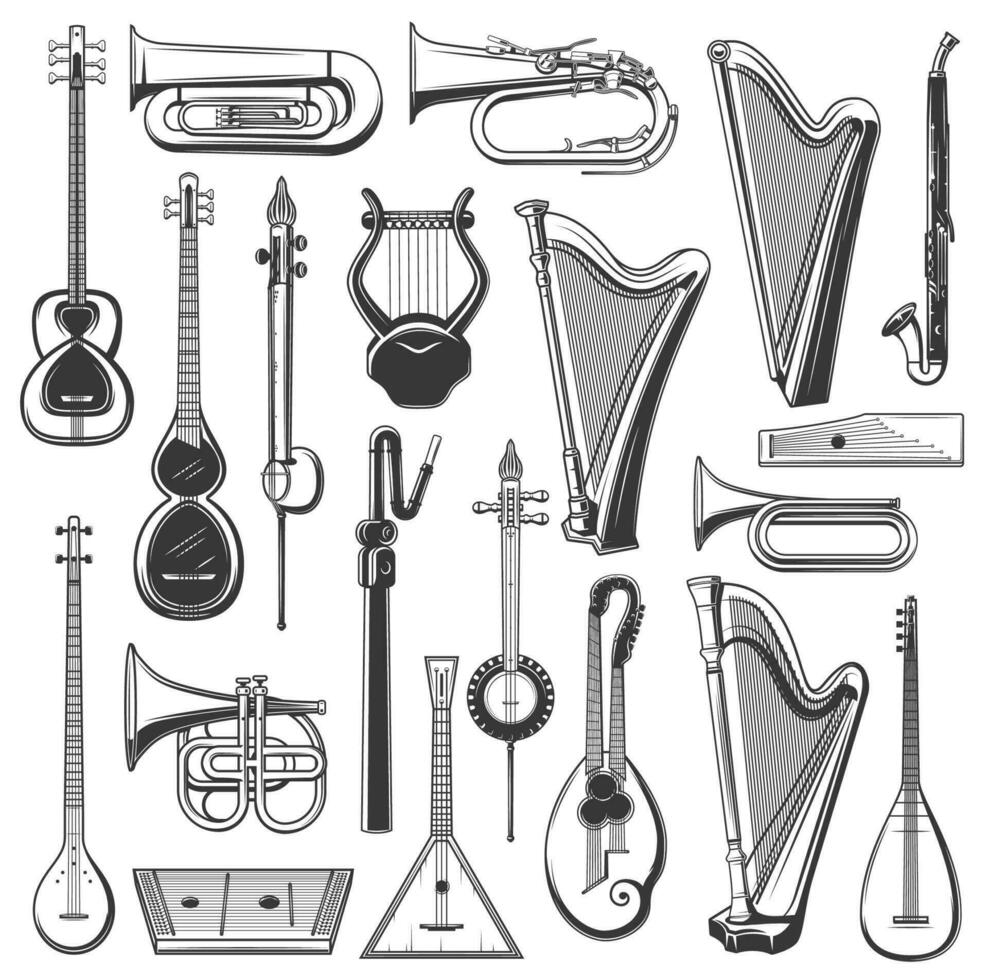 Musical instruments isolated vector monochrome set