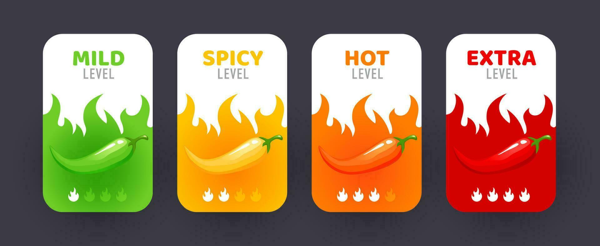 Spicy level labels, pepper fire flame, food flavor vector