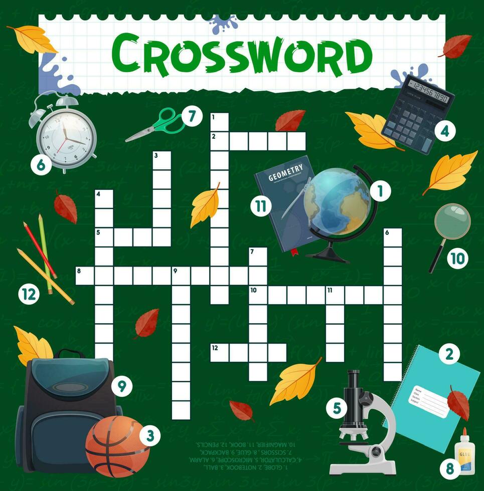 School items and stationery crossword worksheet vector