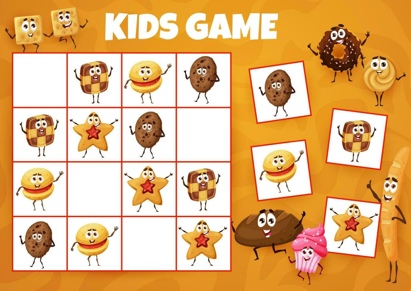 Cartoon cookies, bakery and desserts sudoku game vector