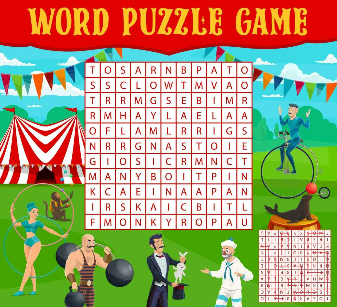 Word search puzzle game with circus performers vector