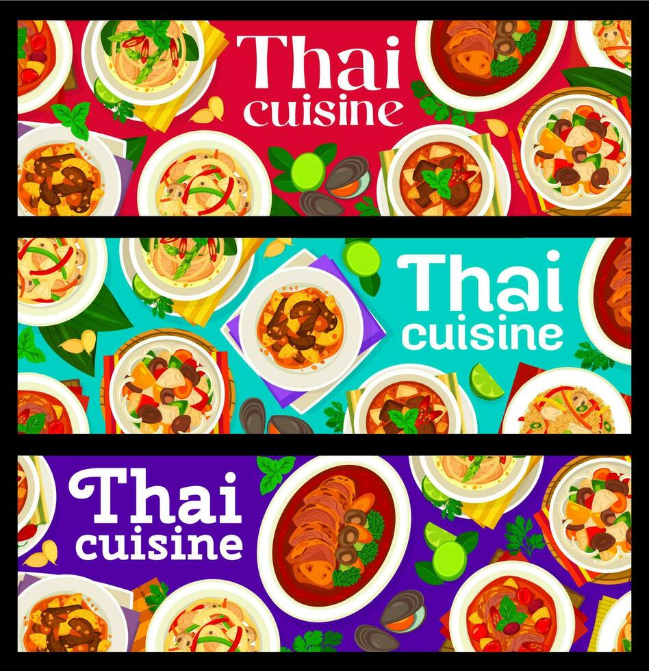 Thai cuisine food banners, Thailand kitchen menu vector