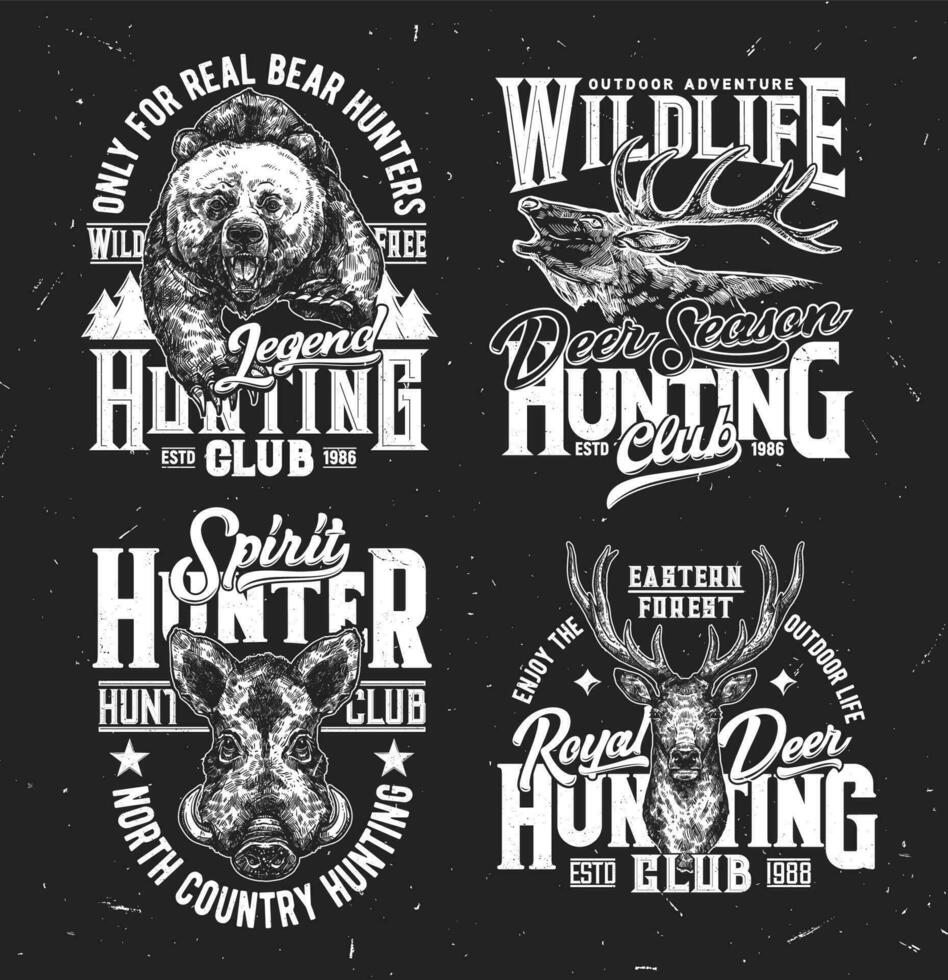 Hunting club tshirt prints, vector sketch mascots