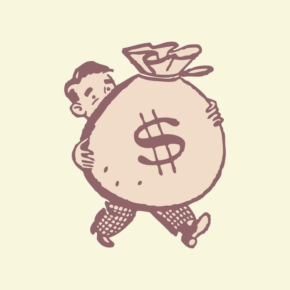 Heavy giant money sack, tension on his face. vector concept illustration