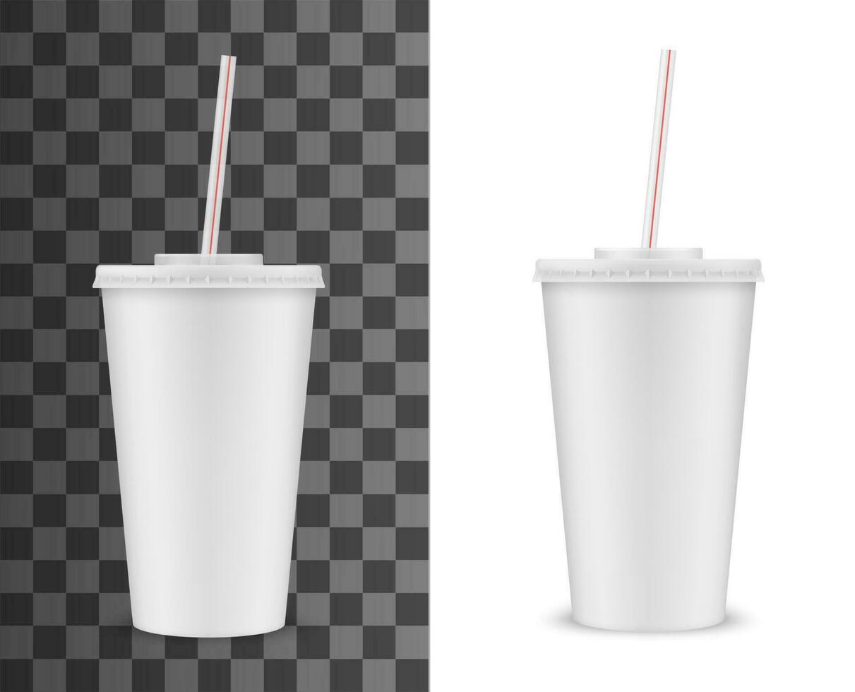 Realistic 3D plastic cup with lid and straw mockup vector