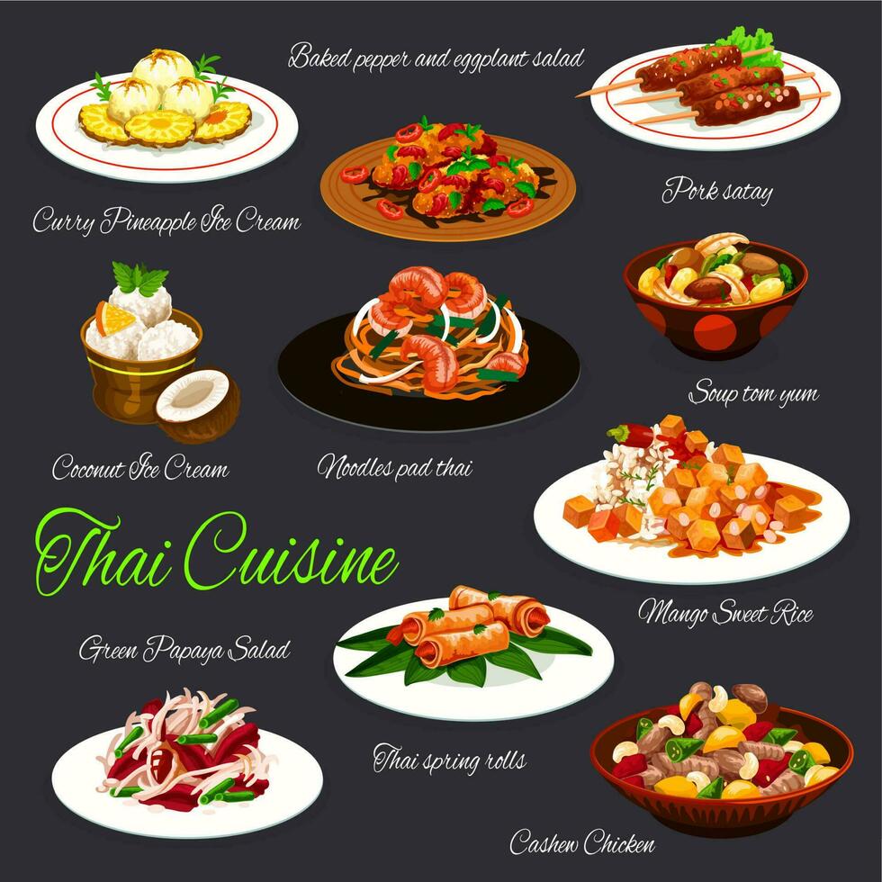 Thai cuisine seafood dishes, meat, fruit desserts vector