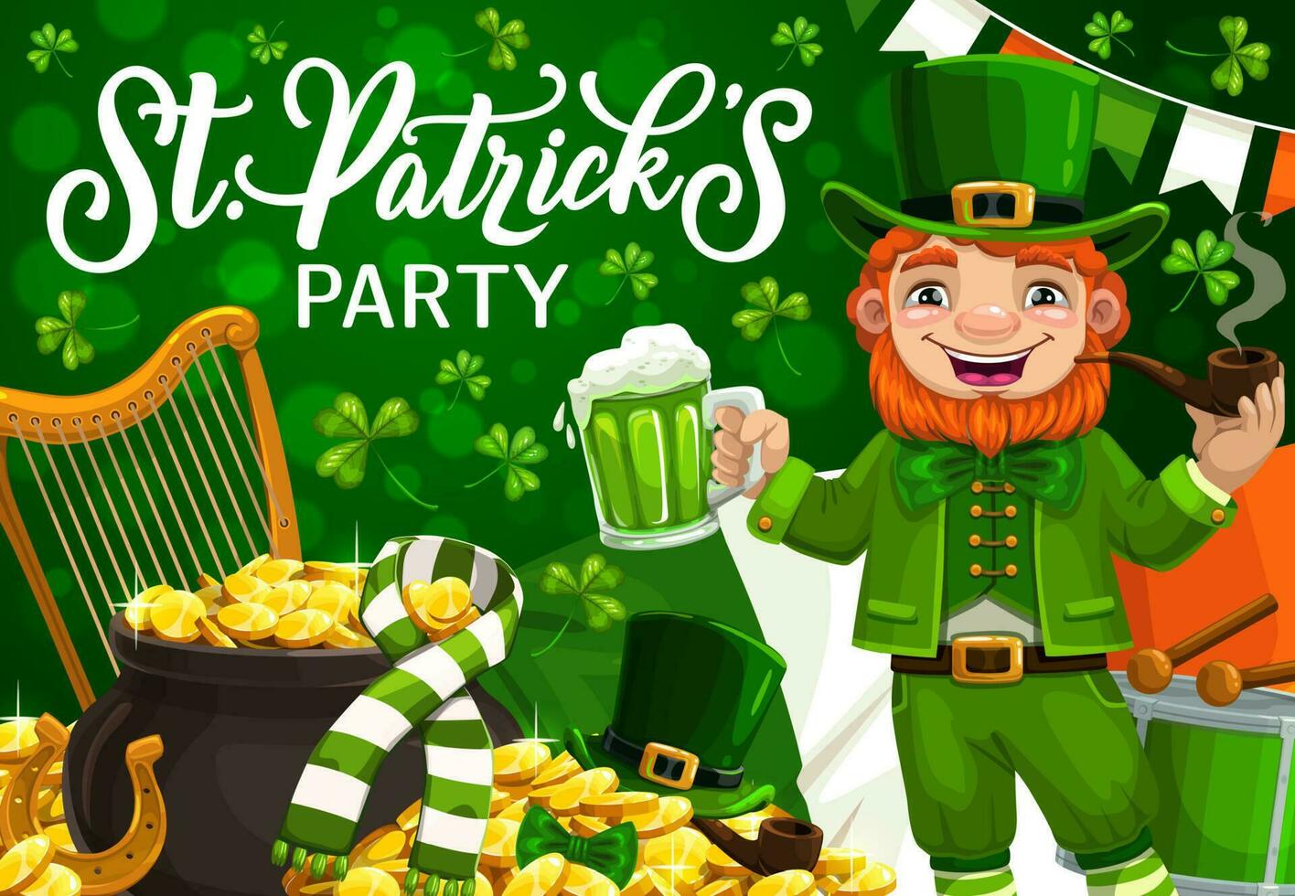 Green shamrock, leprechaun hat and gold vector