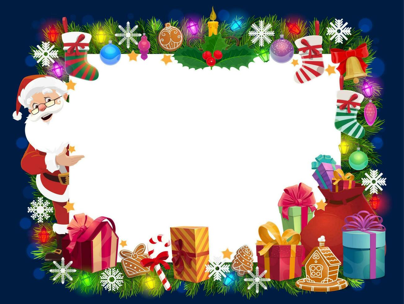 Christmas frame of Santa gifts, Xmas tree and bell vector