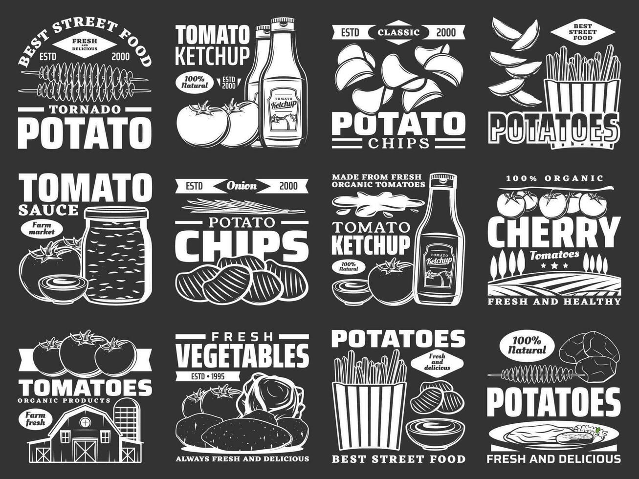 Potato food monochrome icons, tomato products vector