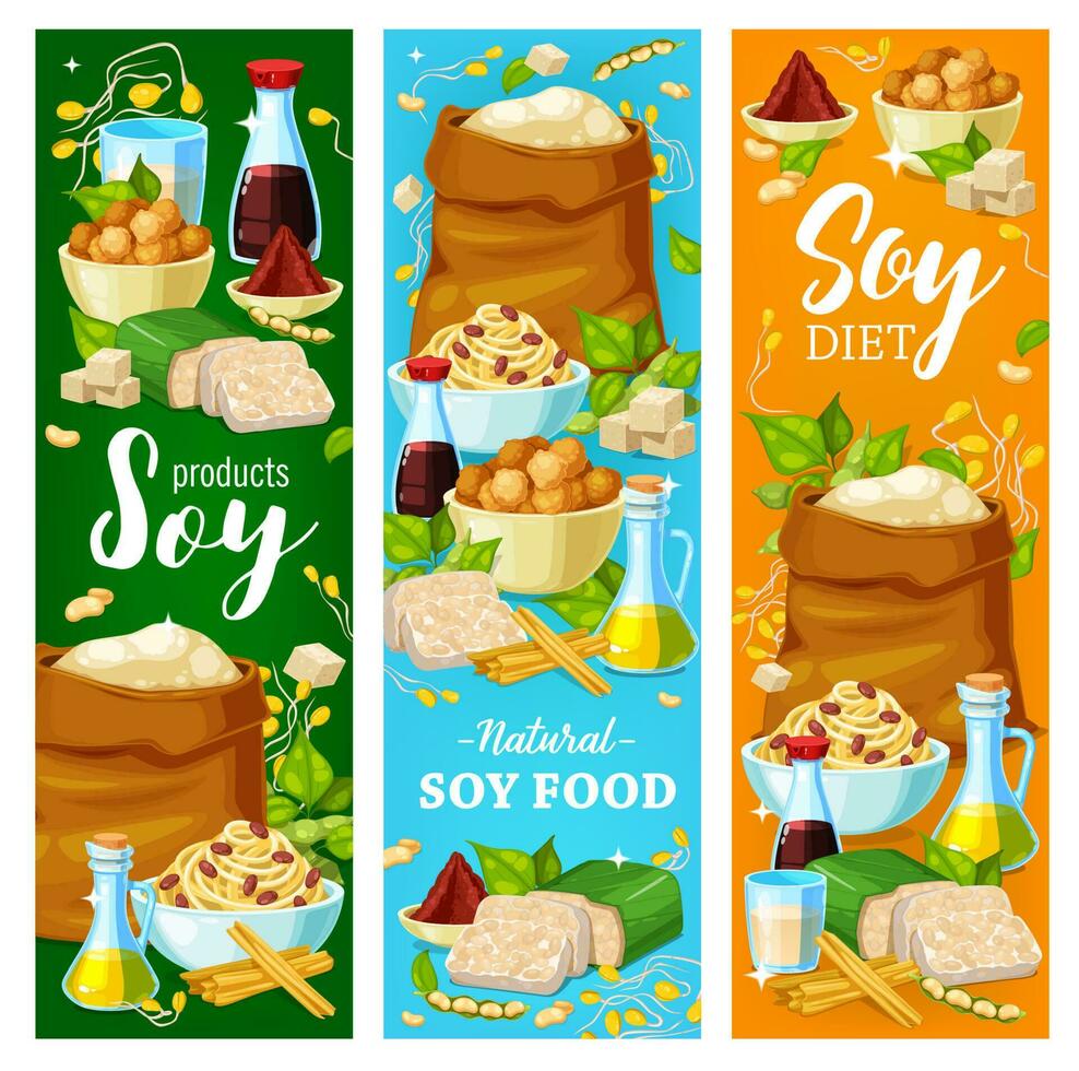 soja alimento, vegano proteína nutrición pancartas vector