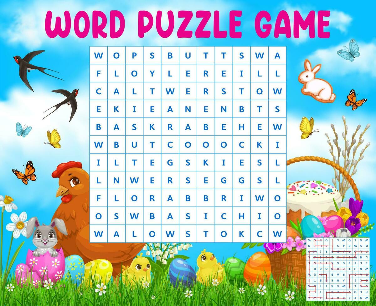 Easter eggs, chickens word search puzzle game vector