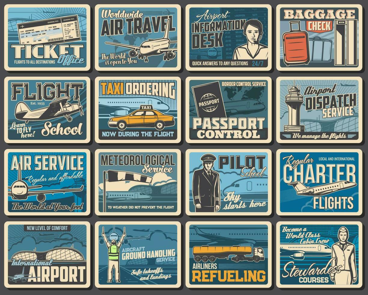 Aviation services retro posters, airplane flights vector