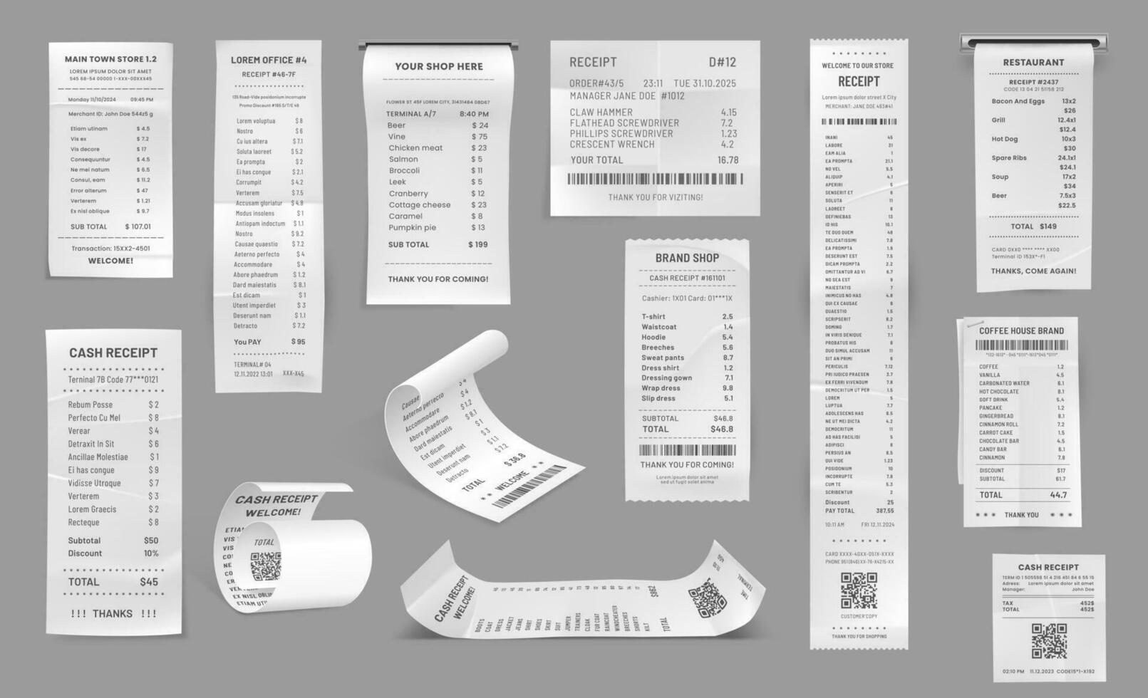 Shop receipt, cash paper bill, purchase invoice vector