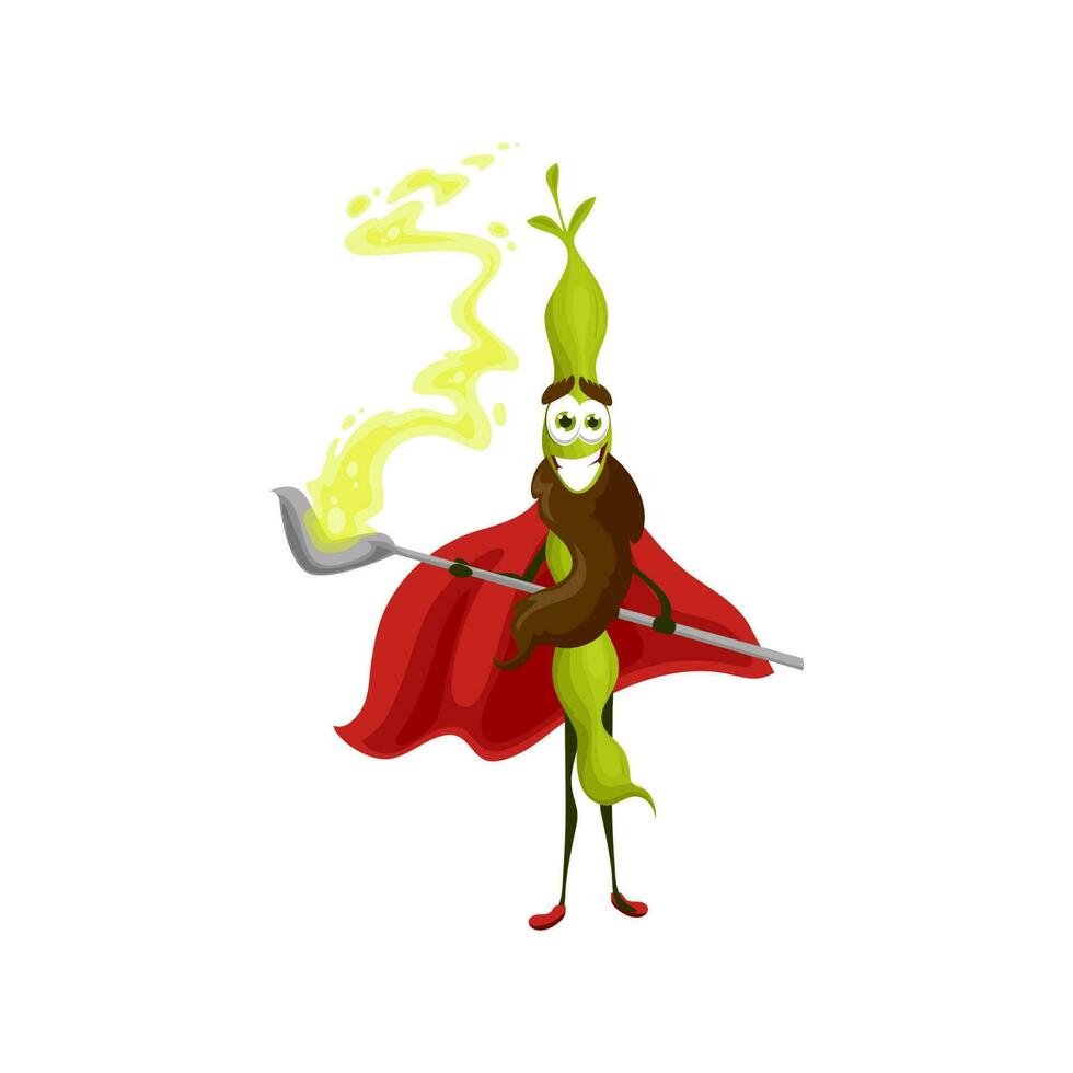 Pea pod cartoon character sorcerer potion in spoon vector