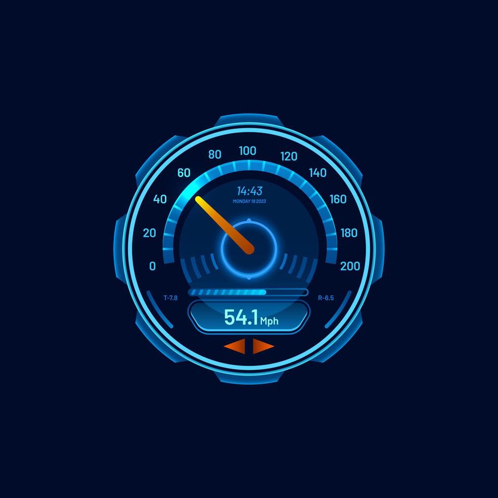 Speedometer, futuristic car speed meter gauge dial 23511910 Vector Art