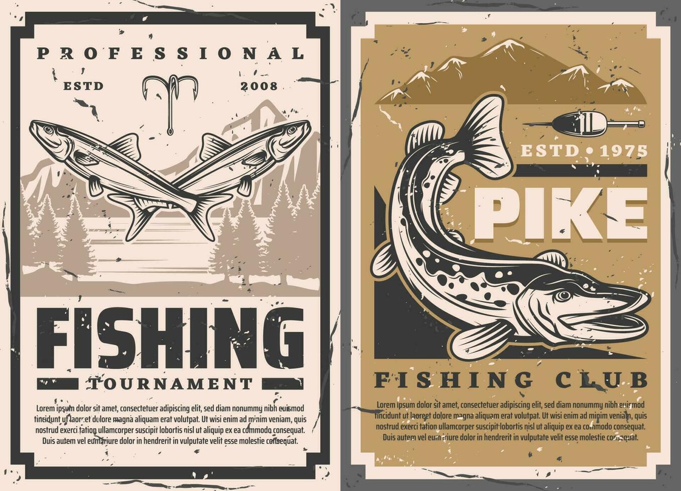 Retro posters, pike fishing club tournament vector