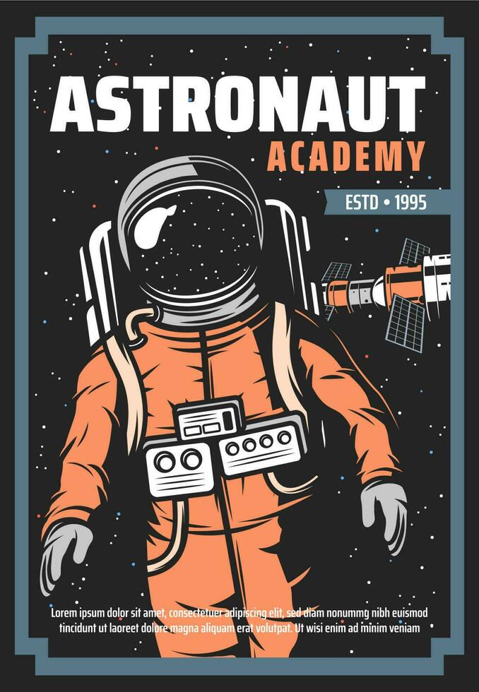 astronauta, espacio estación retro póster de astronomía vector