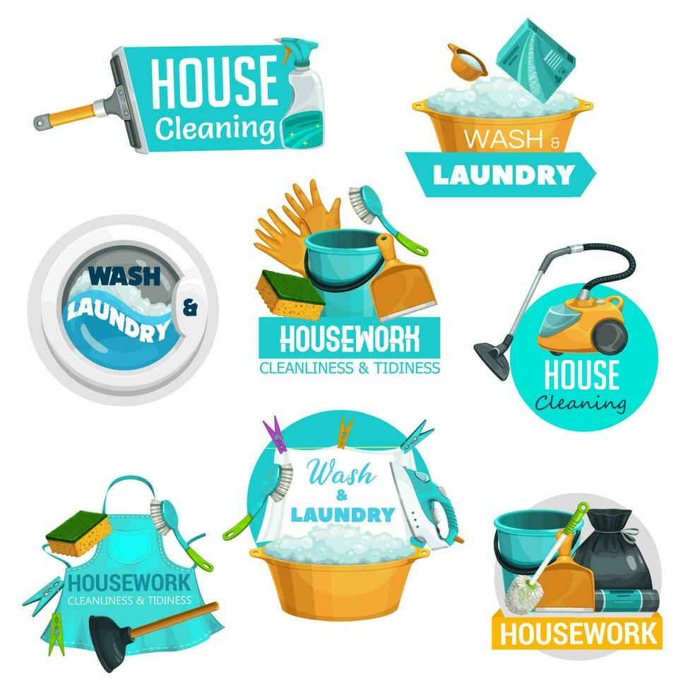 House cleaning, laundry and washing service icons vector