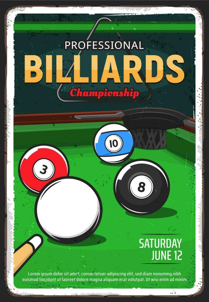 Billiard table, pool or snooker game ball and cue vector