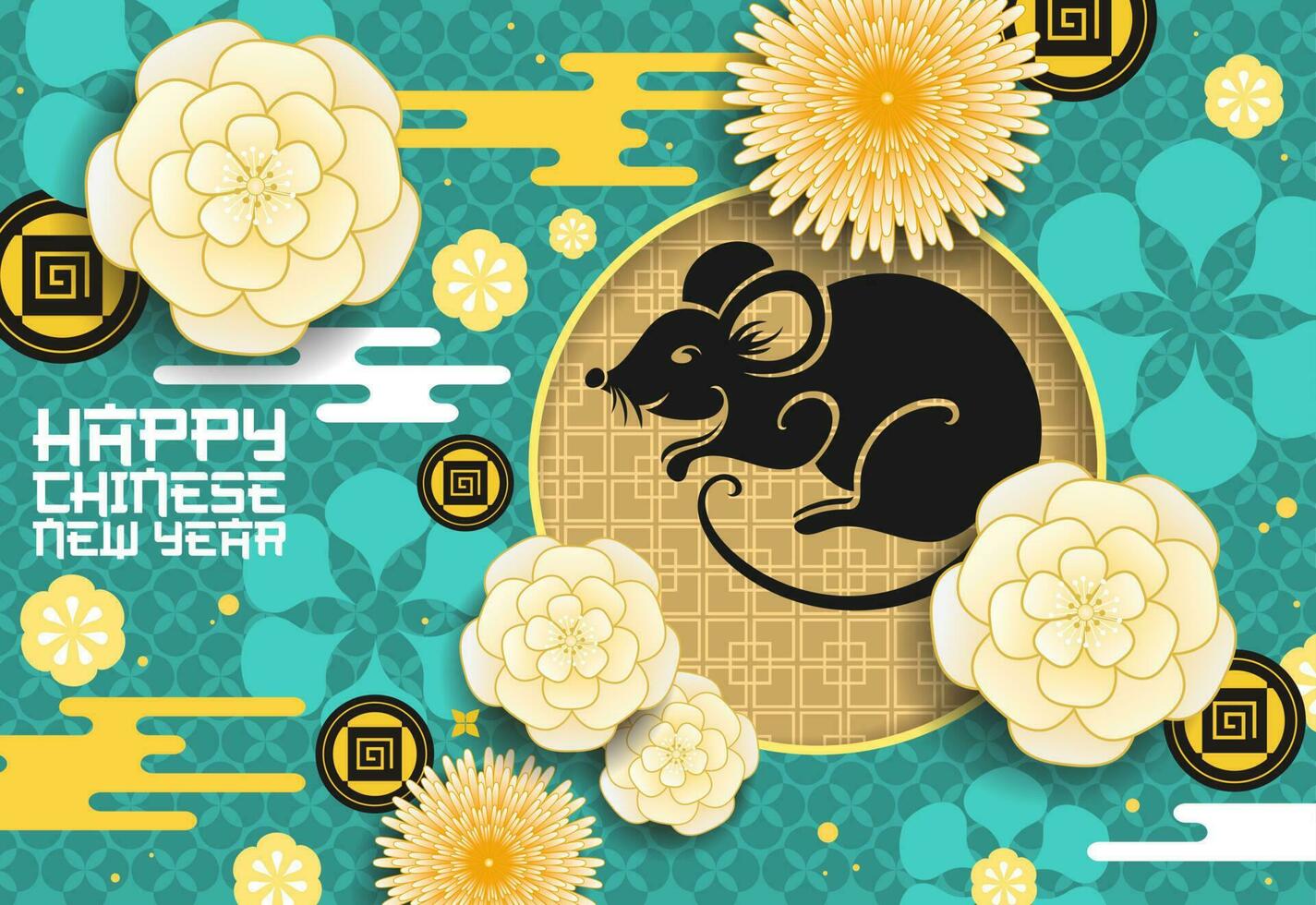 Zodiac rat with Chinese New Year papercut flowers vector