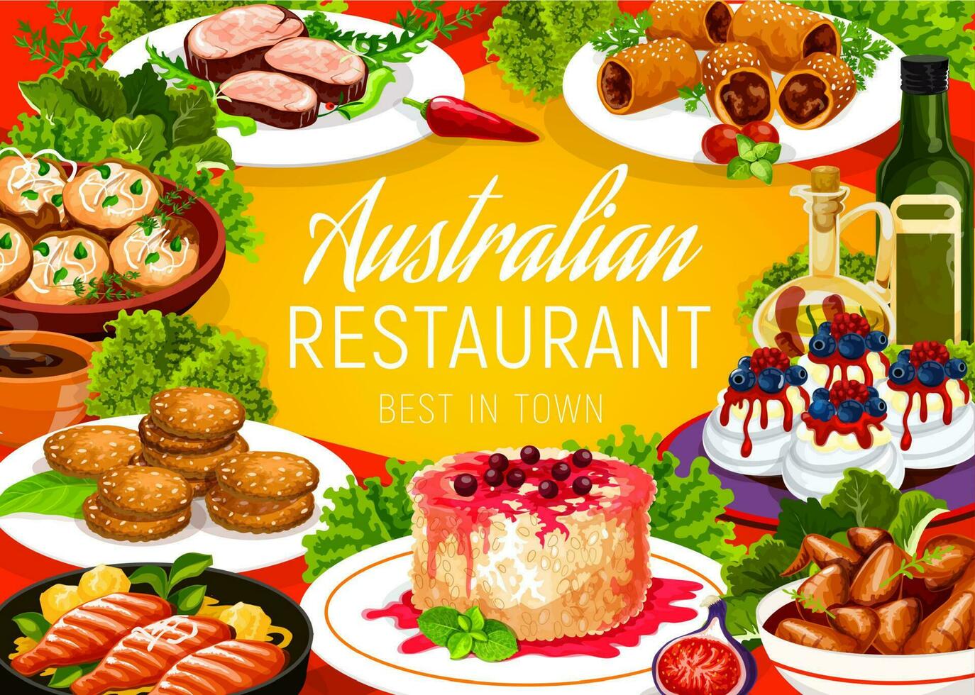 australiano cocina comida platos, restaurante menú vector