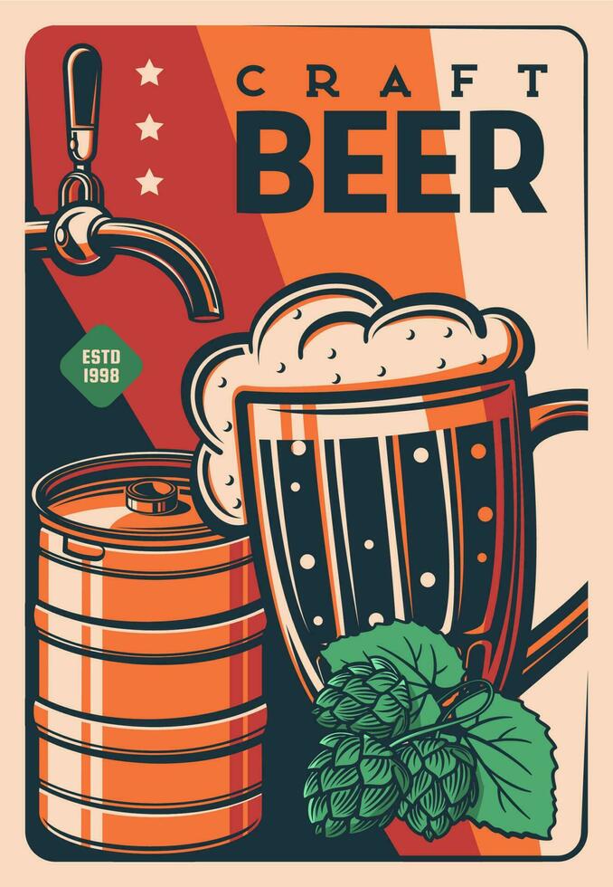 Craft beer tankard retro poster, vintage card vector