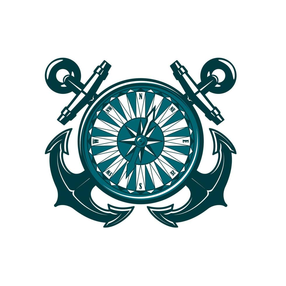 Heraldic icon with crossed anchors and compass vector