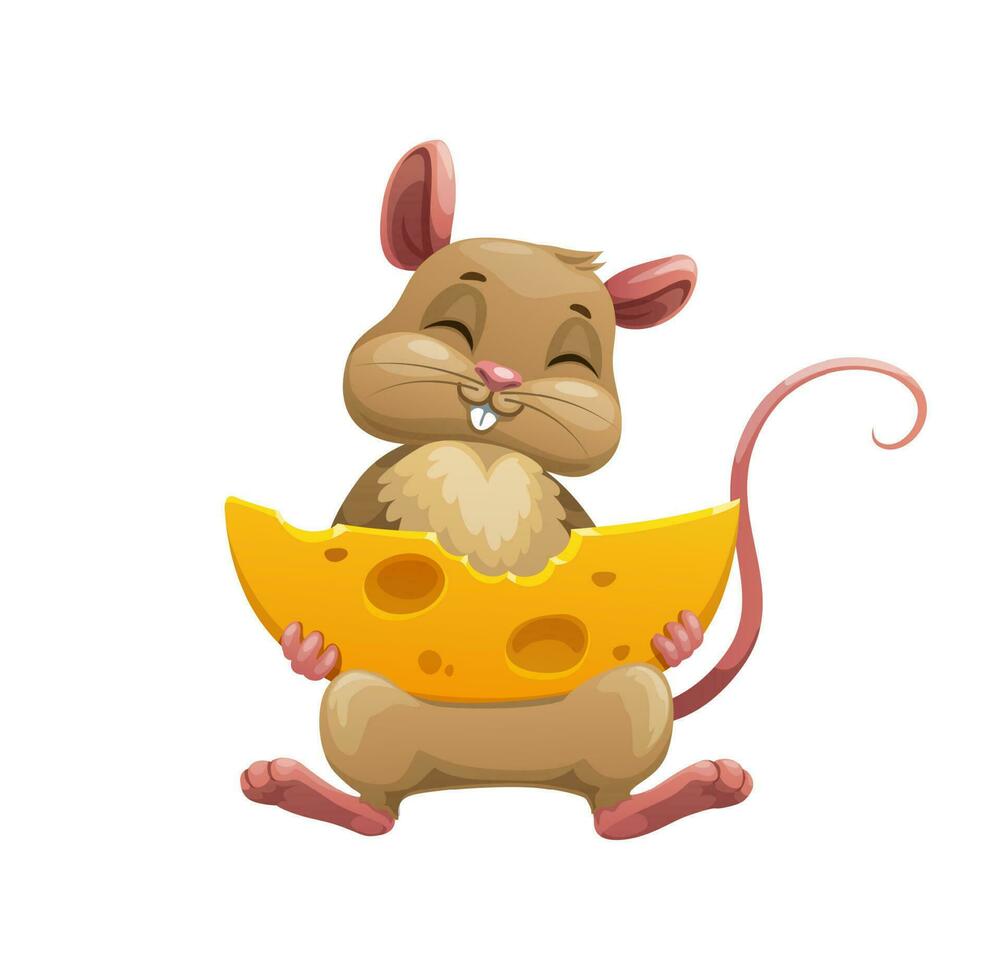 Happy cartoon mouse with cheese, cute vector rat