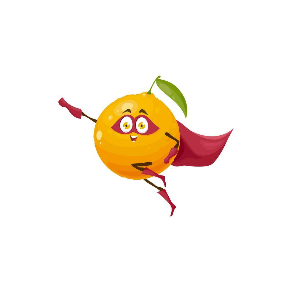 Funny cartoon orange fruit superhero character vector