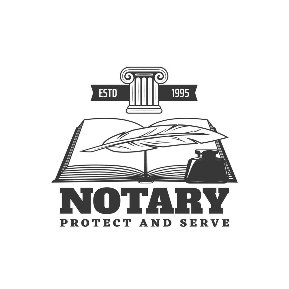 Notary icon with book, quill feather and inkwell vector