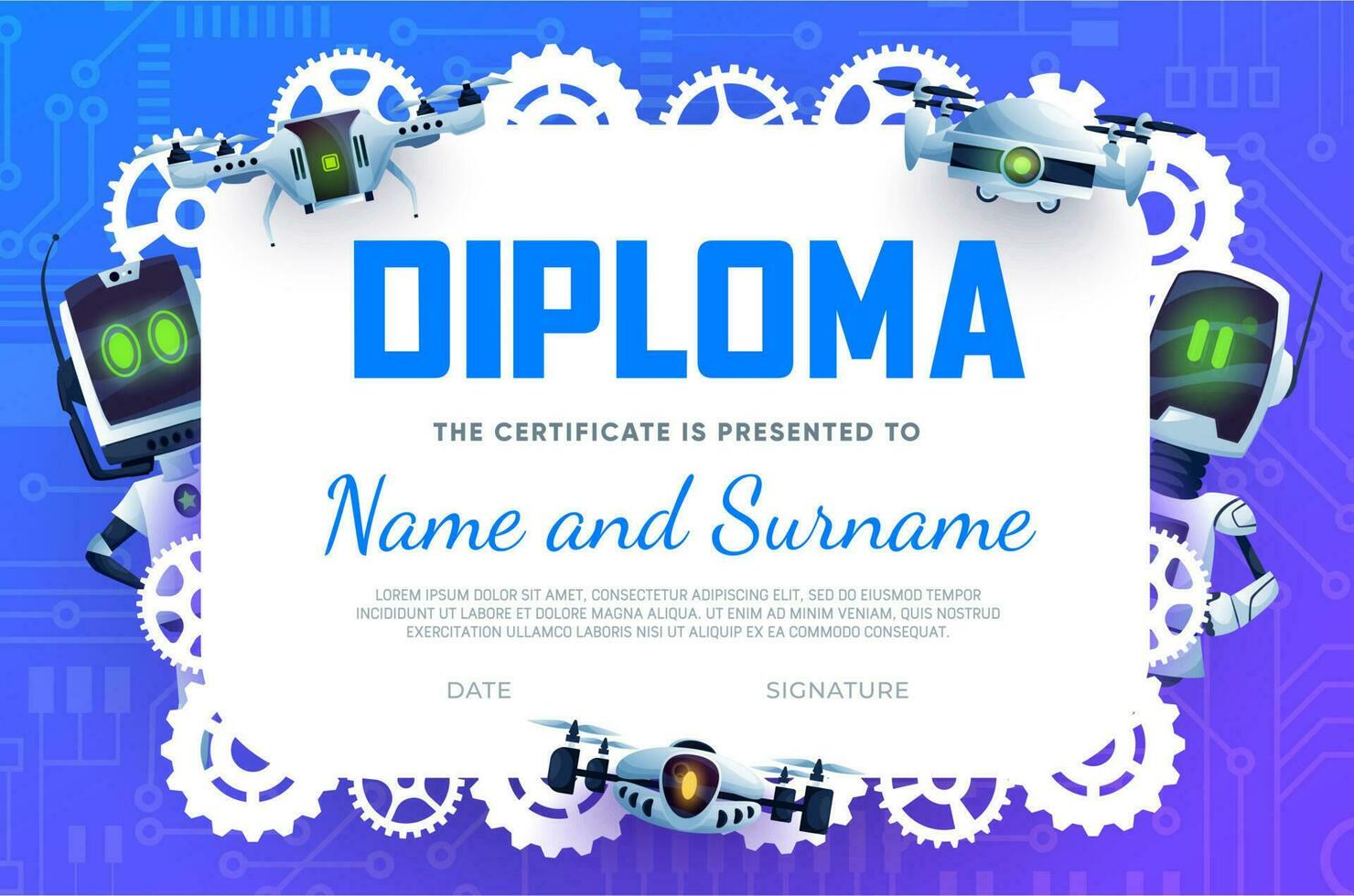 Diploma certificate, cartoon robots or gear droids vector