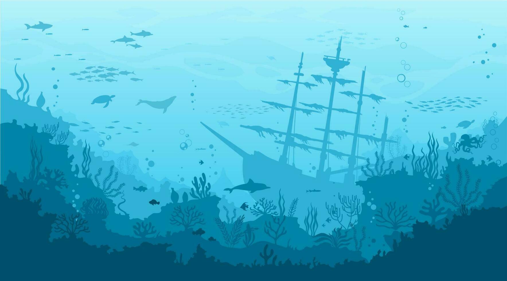 Ocean underwater landscape with sunken ship vector