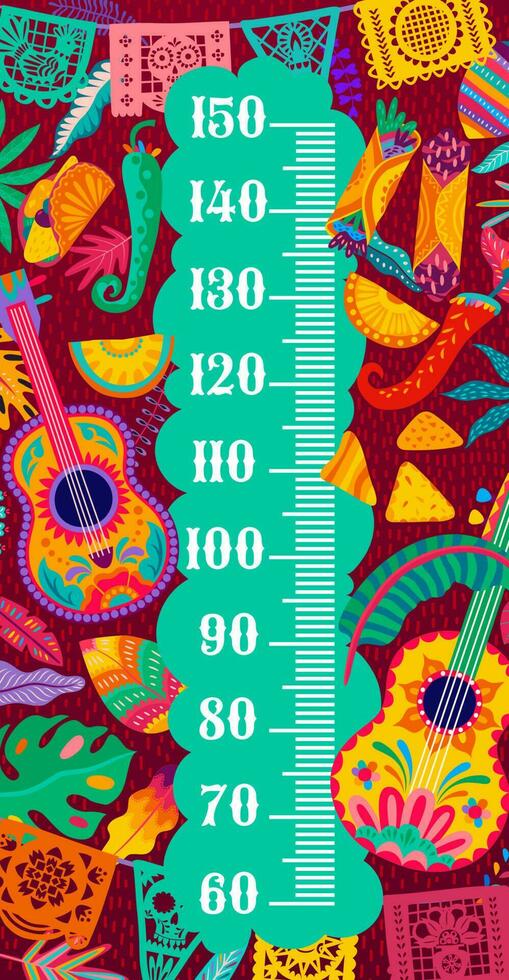 Mexican food and music guitars, kids height chart vector