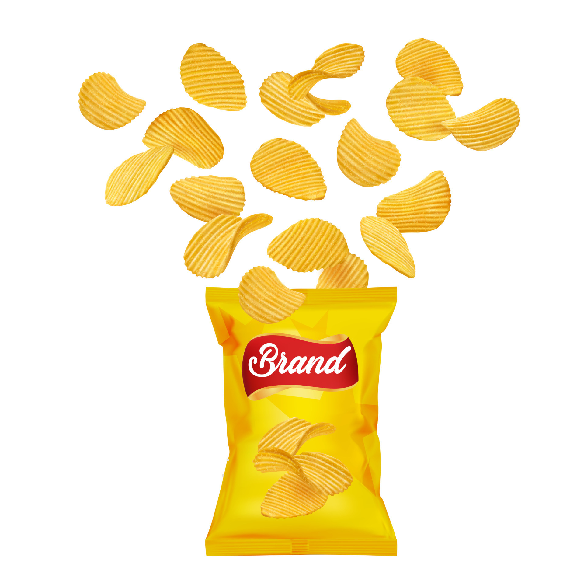 Crispy ripple potato chips flying into pack 23512015 Vector Art at Vecteezy