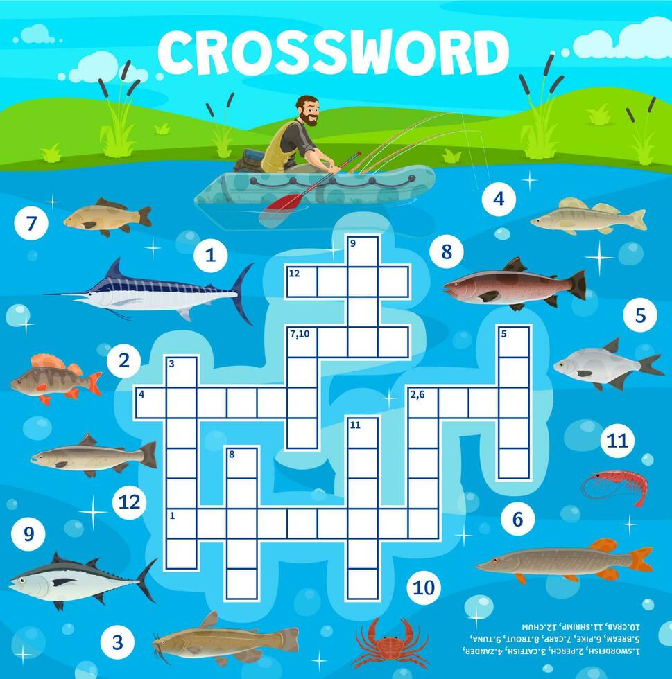 Fish and fishing sport, cartoon crossword puzzle vector