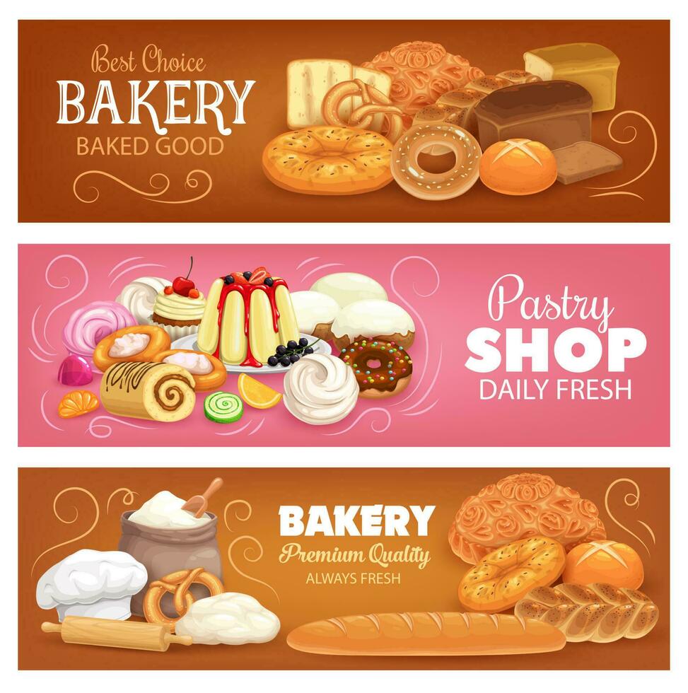 Bakery shop pastry and bread vector banners